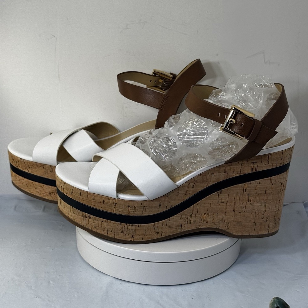 Michael Kors Women Sz 9.5 M Chandler White Brown Wedge Sandals Cork Leather Boho